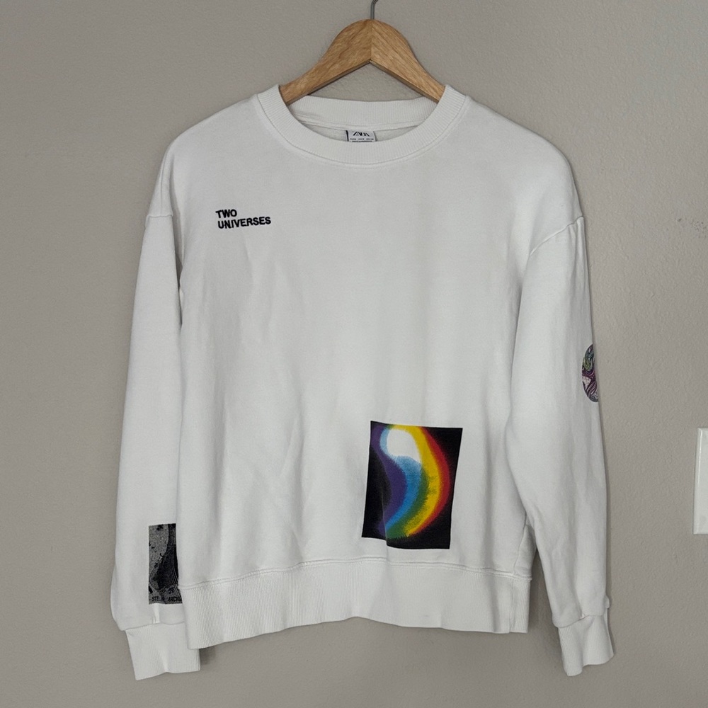 Zara Two Universes Abstract Art White Crewneck Sweatshirt Colorful Graphics S